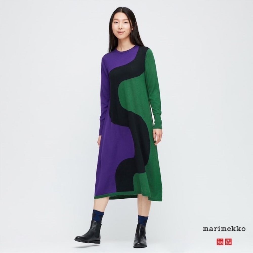 Marimekko x Uniqlo Purple and Green Long Sleeve Sheath Dress Midi Artsy Boho